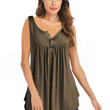 Women's Flowy Tank Tops Summer Button Sleeveless Loose Pleated Tunic Shirts