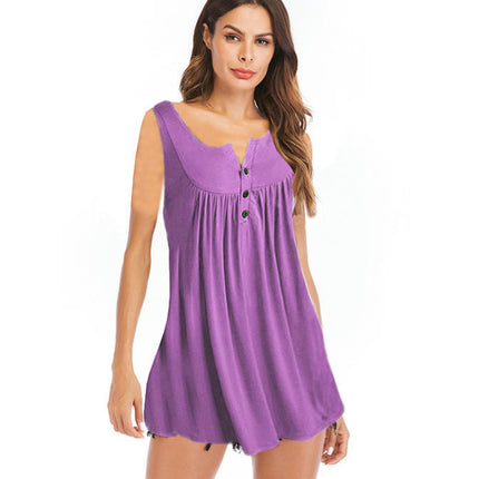 Women's Flowy Tank Tops Summer Button Sleeveless Loose Pleated Tunic Shirts