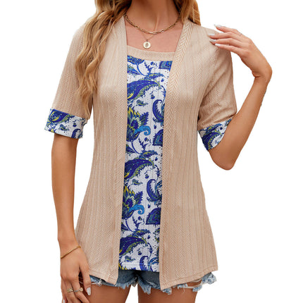 Women's Tops Fake Two Piece Square Neck Short Sleeve T-Shirt Tops