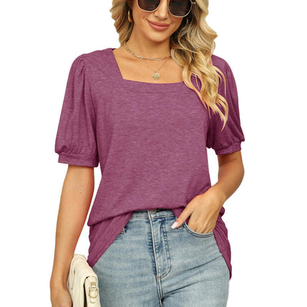 Women's Tops Square Neck Puff Short Sleeve T Shirts Loose Casual Blouse