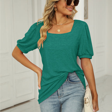 Women's Tops Square Neck Puff Short Sleeve T Shirts Loose Casual Blouse