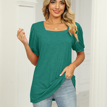 Women's Tops Square Neck Puff Short Sleeve T Shirts Loose Casual Blouse