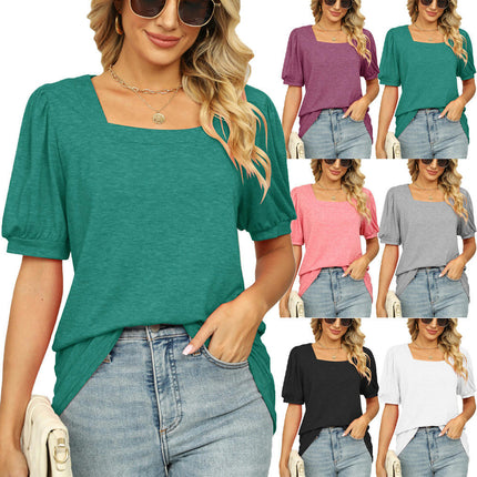 Women's Tops Square Neck Puff Short Sleeve T Shirts Loose Casual Blouse