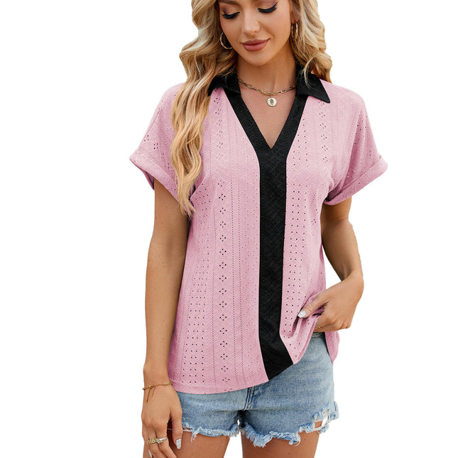 Women's Short Sleeve Tops Eyelet Casual V Neck Blouses T Shirts