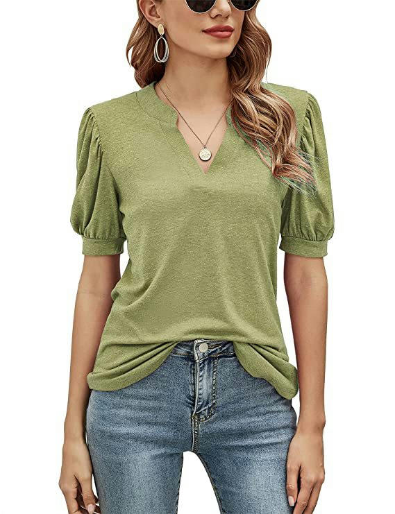 Women's Casual Puff Short Sleeve V Neck Shirt Tunic Top