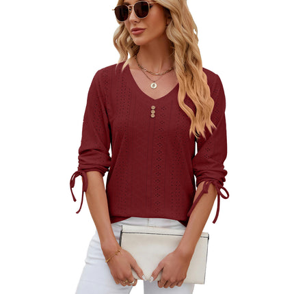 Summer Tops for Women Casual Eyelet 3/4 Sleeve Button V Neck Loose Blouses