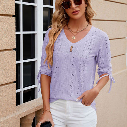 Summer Tops for Women Casual Eyelet 3/4 Sleeve Button V Neck Loose Blouses