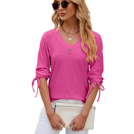 Summer Tops for Women Casual Eyelet 3/4 Sleeve Button V Neck Loose Blouses