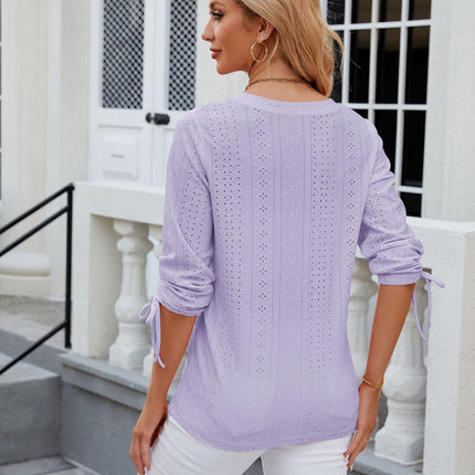Summer Tops for Women Casual Eyelet 3/4 Sleeve Button V Neck Loose Blouses