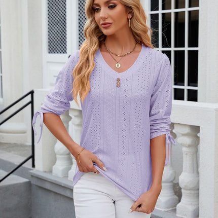 Summer Tops for Women Casual Eyelet 3/4 Sleeve Button V Neck Loose Blouses