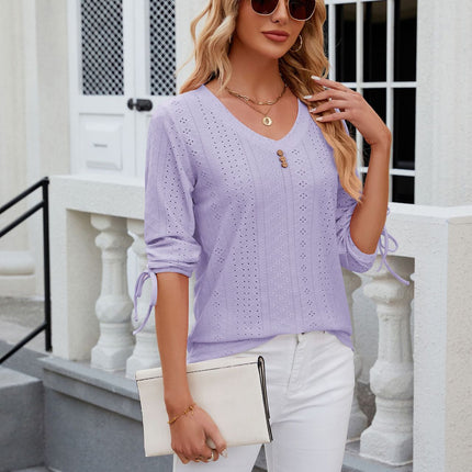 Summer Tops for Women Casual Eyelet 3/4 Sleeve Button V Neck Loose Blouses