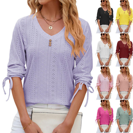 Summer Tops for Women Casual Eyelet 3/4 Sleeve Button V Neck Loose Blouses