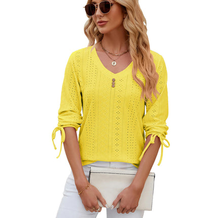 Summer Tops for Women Casual Eyelet 3/4 Sleeve Button V Neck Loose Blouses