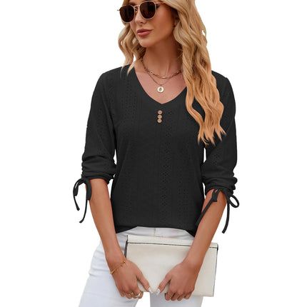 Summer Tops for Women Casual Eyelet 3/4 Sleeve Button V Neck Loose Blouses