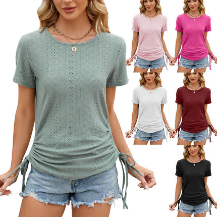 Women's Tops Loose Crew Neck Short Sleeve Side Drawstring T Shirts Tops