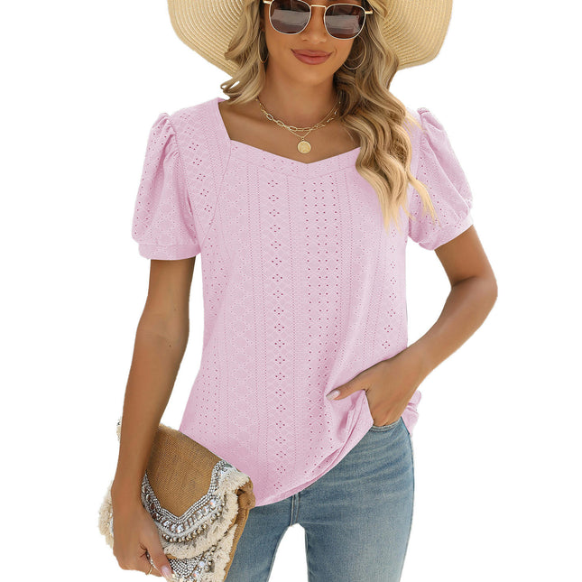 Summer Tops for Women Square Neck Shirts Puff Short Sleeve Eyelet Casual Tunics Blouse T-Shirt