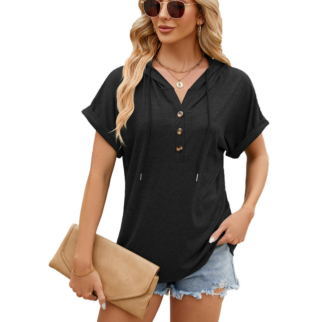 Women's Short Sleeve Hoodies Summer Loose Fit Blouse Tops Casual T-shirts with Button