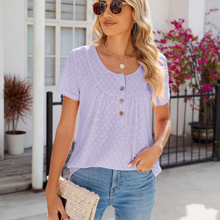Women's Summer Short Sleeve Tops Loose Crew Neck T Shirts Eyelet Button Down Tunic Blouses