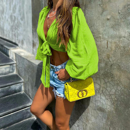 Women Sexy Tie Front Crop Top Long Sleeve Deep V Neck Wrap Top