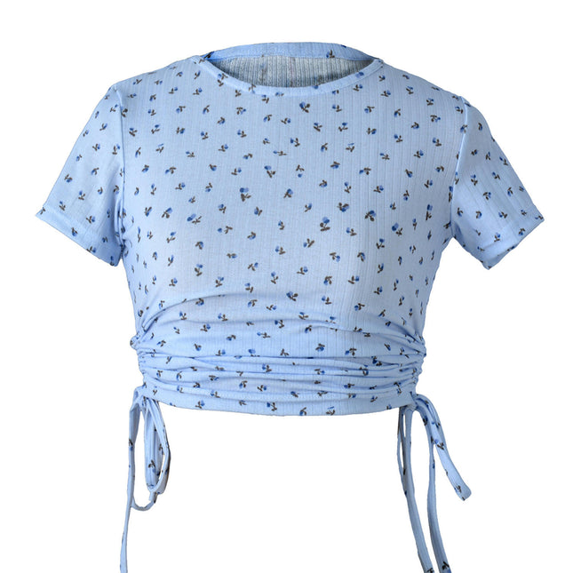 Women's Round Neck Short Sleeve Drawstring Side Slim Fit Crop Tops