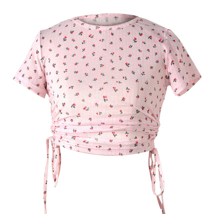 Women's Round Neck Short Sleeve Drawstring Side Slim Fit Crop Tops