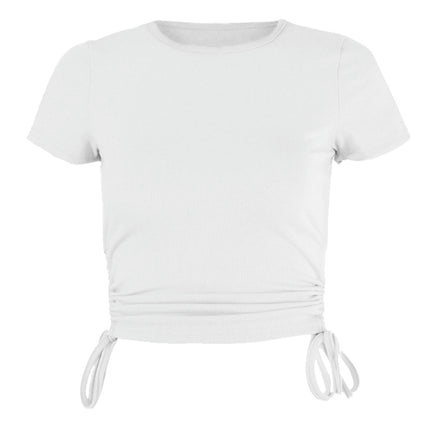 Women's Round Neck Short Sleeve Drawstring Side Slim Fit Crop Tops