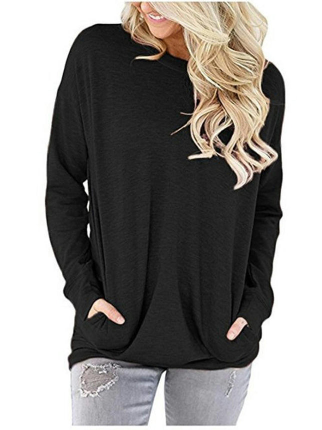 Women's Casual Long Sleeve Round Neck Pocket T Shirts Sweatshirts Tops