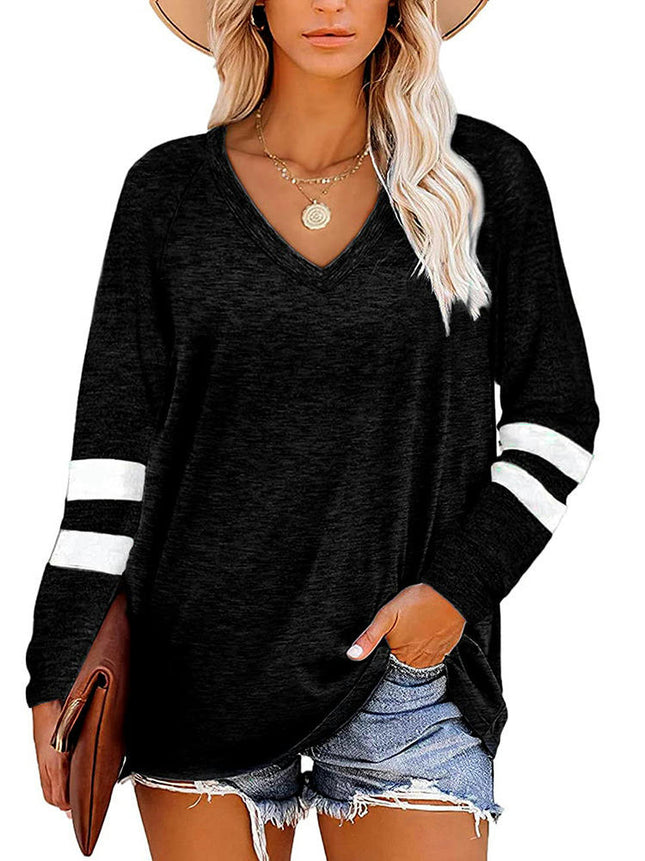 Women's Casual Long Sleeve Color Block Tops V Neck Sweatshirts Loose Fit Pullover