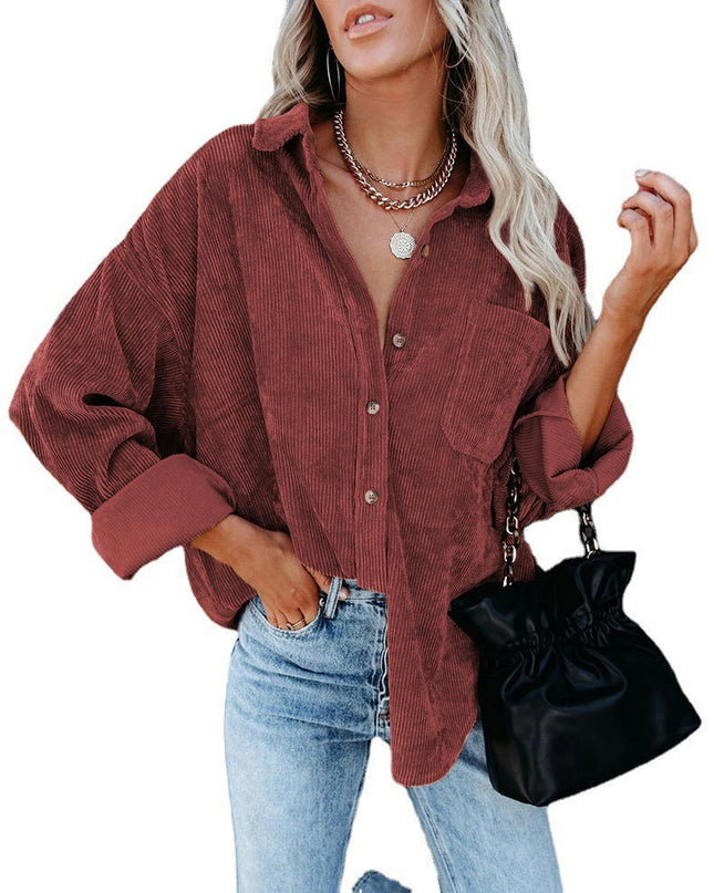 Women's Corduroy Button Down Shacket Casual Long Sleeve Shirt Tops with Pocket