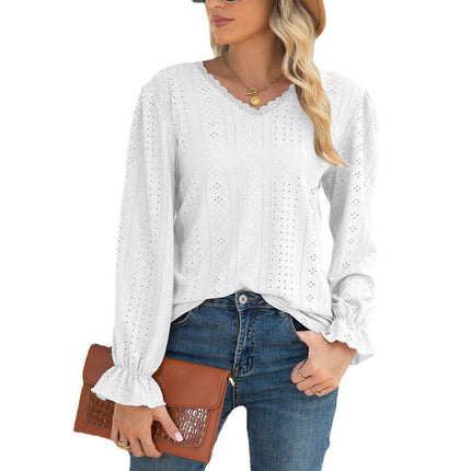 Women's Lace V Neck Puff Long Sleeve Eyelet Tops Casual Shirts Blouse