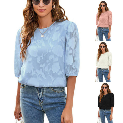 Women's Shirts Puff Short Sleeve Floral Tops Summer Loose Chiffon Blouse