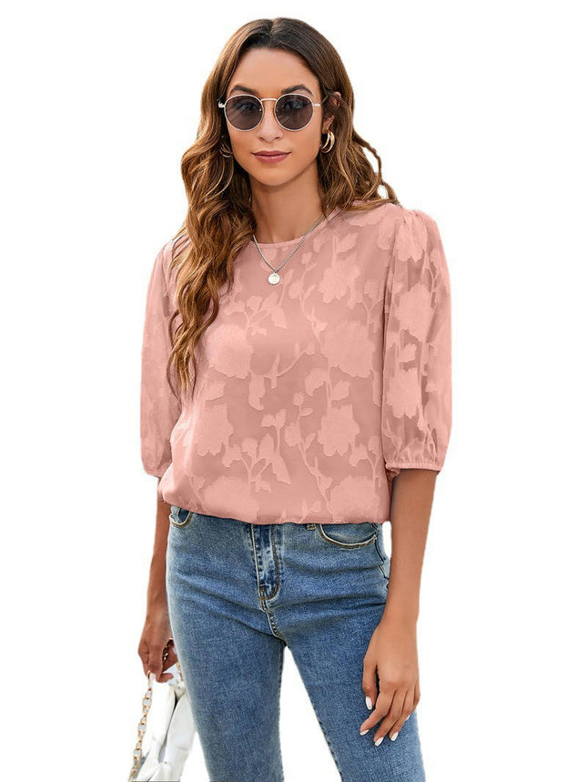 Women's Shirts Puff Short Sleeve Floral Tops Summer Loose Chiffon Blouse