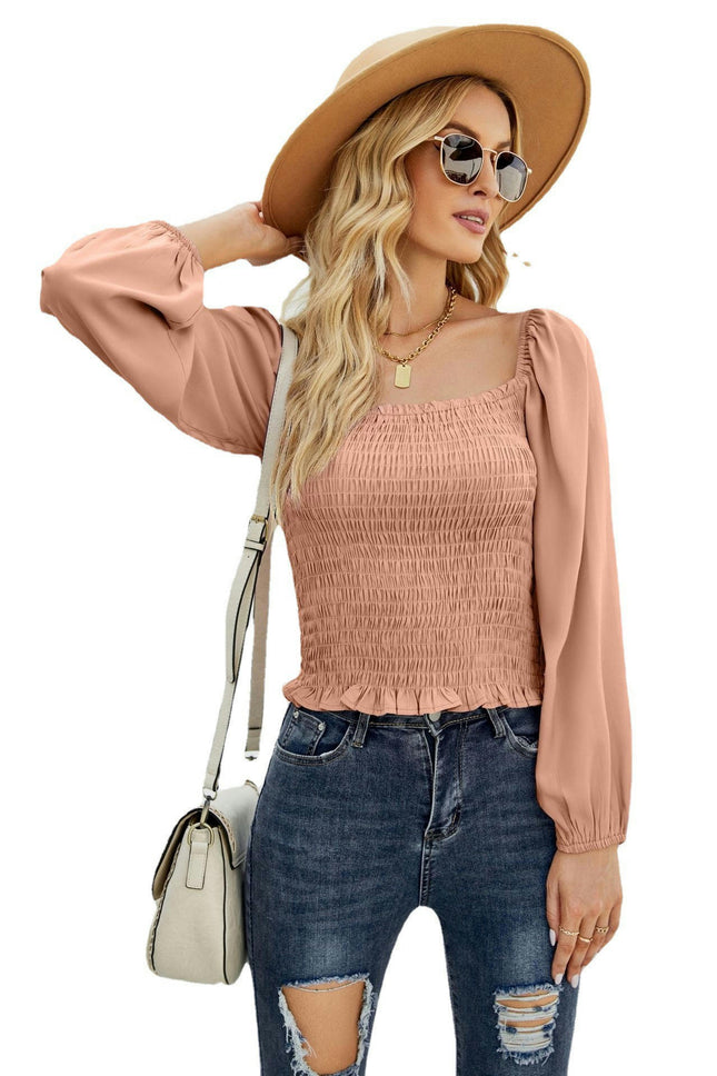 Women's Square Neck Long Sleeve Top Smocked Tops Ruffle Hem Blouse