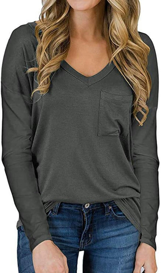Women's Long Sleeve V-Neck Shirts Loose Casual T-Shirt with Pocket