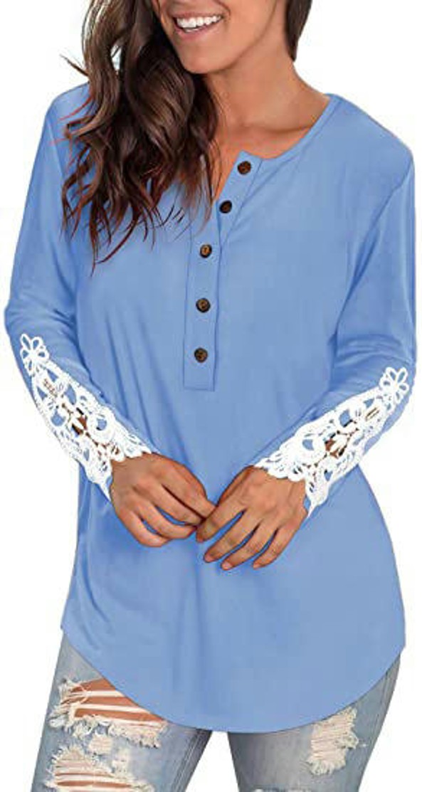 Women Lace Long Sleeve Button Up Tops Casual Round Neck Shirts Tunic