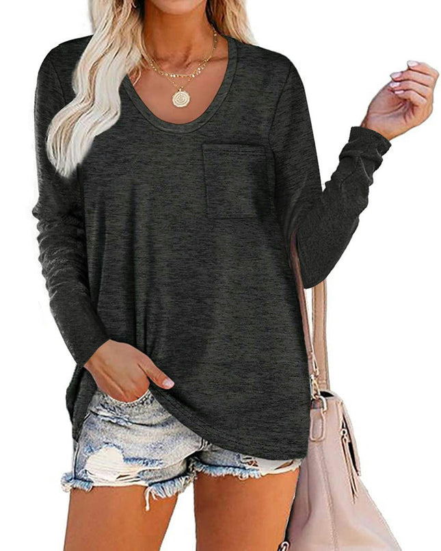 Women's Casual Long Sleeve T Shirt Round Neck Loose Tunic Tops with Pocket