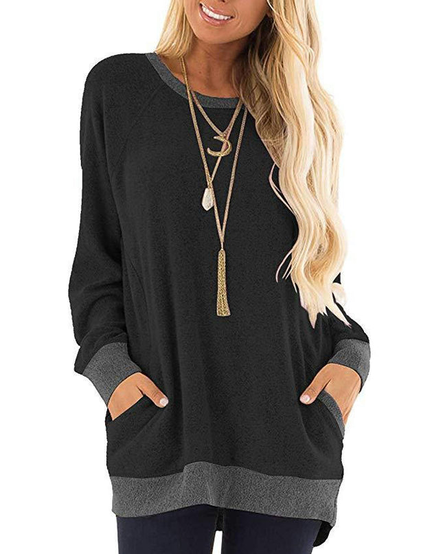 Women's Casual Color Block Long Sleeve Round Neck Pocket T Shirts Blouses Tops