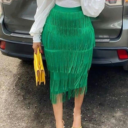 Women's High Waist Fringe Bodycon Pencil Midi Skirt