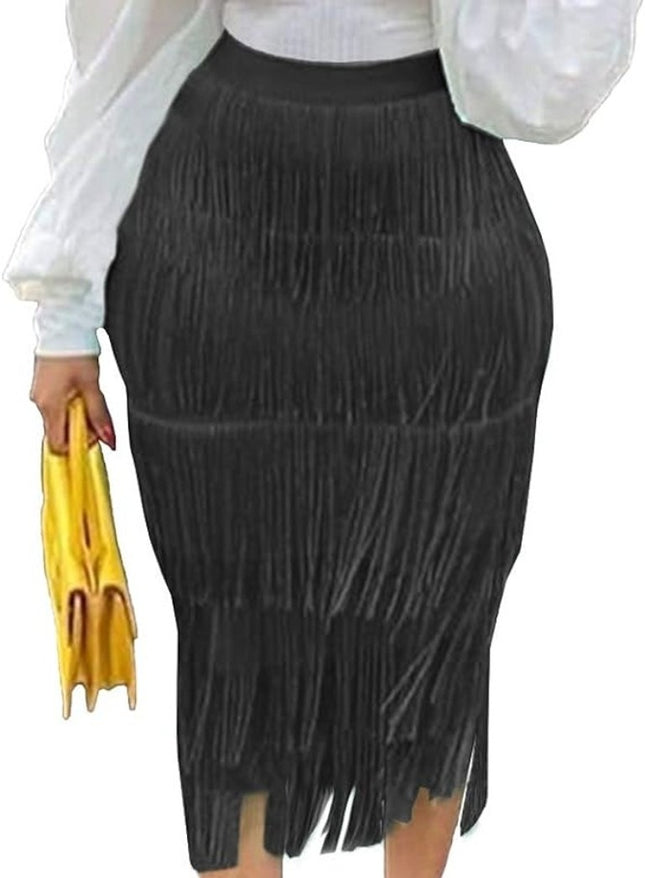Women's High Waist Fringe Bodycon Pencil Midi Skirt