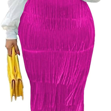 Women's High Waist Fringe Bodycon Pencil Midi Skirt