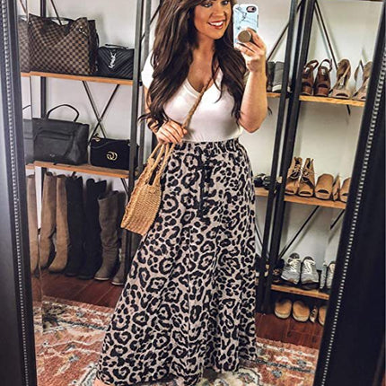 Women's Maxi Skirt Leopard Print Beach Pleated High Waisted A-Line Long Skirts
