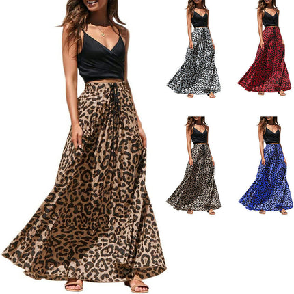 Women's Maxi Skirt Leopard Print Beach Pleated High Waisted A-Line Long Skirts