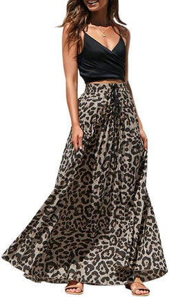 Women's Maxi Skirt Leopard Print Beach Pleated High Waisted A-Line Long Skirts