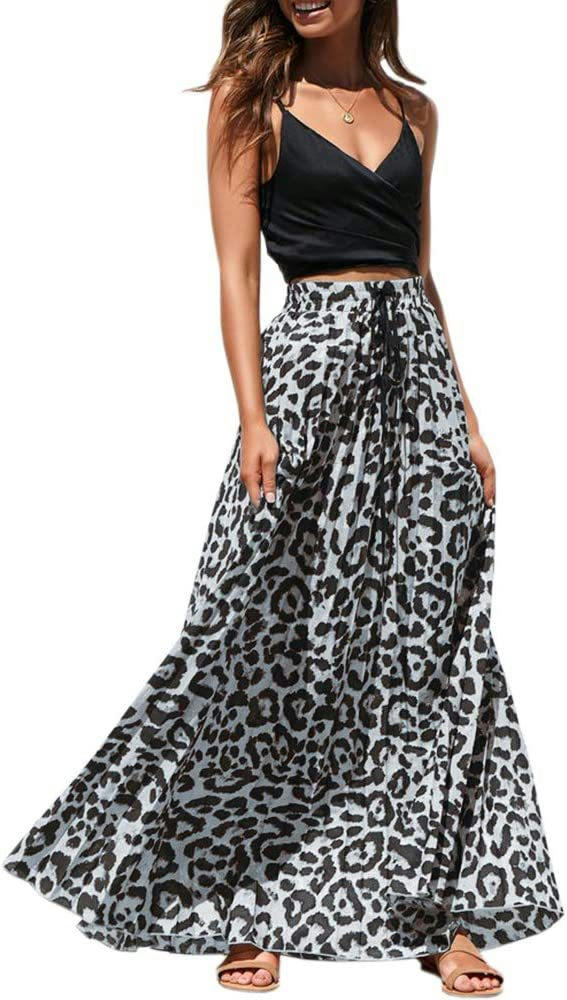 Women's Maxi Skirt Leopard Print Beach Pleated High Waisted A-Line Long Skirts