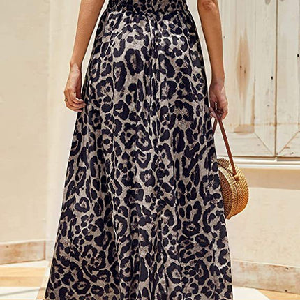 Women's Maxi Skirt Leopard Print Beach Pleated High Waisted A-Line Long Skirts