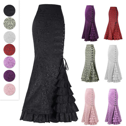 Women's Lace-Up Drawstring Tiered Ruffle Maxi Long Mermaid Pencil Skirt