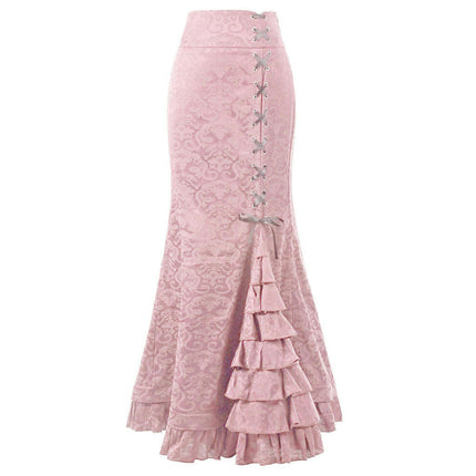Women's Lace-Up Drawstring Tiered Ruffle Maxi Long Mermaid Pencil Skirt