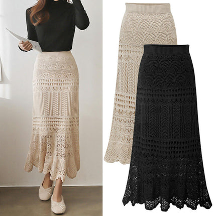 Women's Stretched High Waist Hollow Out Knit Flowy Lace Maxi Skirt