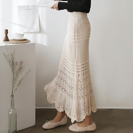 Women's Stretched High Waist Hollow Out Knit Flowy Lace Maxi Skirt