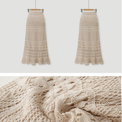 Women's Stretched High Waist Hollow Out Knit Flowy Lace Maxi Skirt